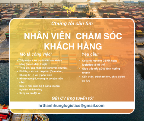 • Tiếp nhận & xử lý yêu cầu của khách hàng (email, điện thoại) • Theo dõi, cập nhật tình trạng vận chuyển • Phối hợp với các bộ phận (Operation, Chứng từ…) xử lý phát sinh • Hỗ trợ báo giá, chứng từ cơ bản (nếu cần) • Duy trì mối quan hệ & nâng cao trải nghiệm khách hàng • Xử lý sự cố đội xe